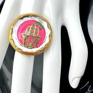 Silver Gold Vermeil Adjustable Hamsa Statement Ring Pink Textile Crystal Accent